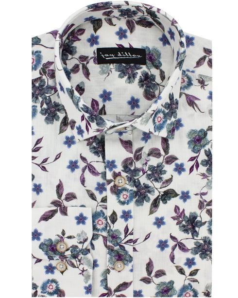 White Floral Cotton-Linen Shirt
